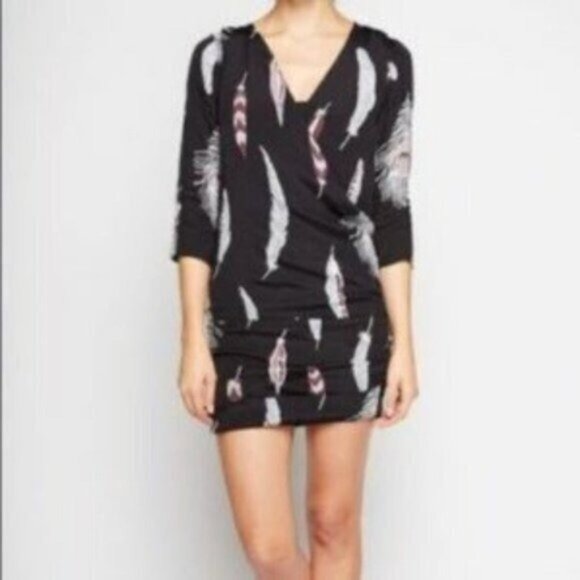Line & Dot Surplice Ruched Feather Dress Black Small - Picture 1 of 7